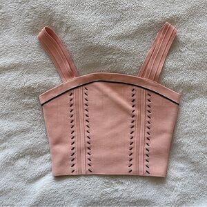 Sandro | Salmon pink "Figari" elastic knit crop top with black trim | Size S
